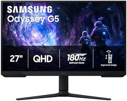 Samsung 27″ Odyssey G5 (G51F) Series QHD (1440P) Gaming Monitor | 180Hz, 1ms, AMD FreeSync, HDR10, Height Adj Stand, Black Equalizer, Virtual Aim Point, Auto Source Switch+ (LS27FG512ENXZA)