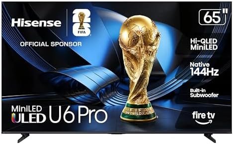 Hisense 65″ U6 Pro Series Mini‑LED ULED 4K UHD HDR Gaming AI Smart Fire TV (65U6SF Pro, 2026 New) – Hi-QLED, Native 144Hz, Motion Rate 480, Dolby Vision IQ · Atmos, HDR10+, Glare-Free, Alexa+